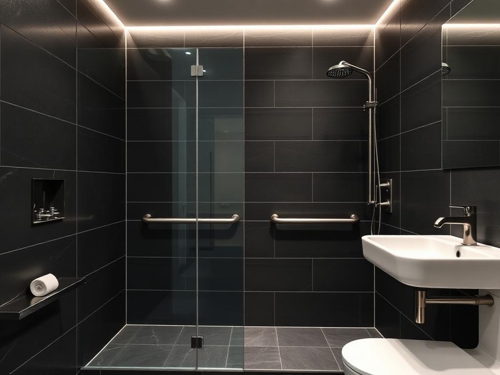 Barrierefreies Bad mit bodengleicher Dusche, eleganten dunklen Fliesen und integrierten Haltegriffen