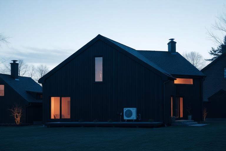 Moderne Wärmepumpe an einem dunklen Architektenhaus in der Abenddämmerung